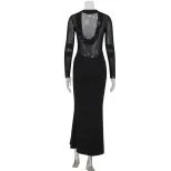 Elegant Mermaid Maxi Dress Deep V Neck Sheer Mesh Panels Bodycon Fit Solid Color Perfect for Eve