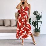 Casual Summer Maxi Dress Leaf Print Beach Style Lightweight Fabric Perfect for Vacation and Reso