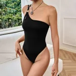 Womens One Shoulder Bodysuit Solid Color Metal Accents Hollow Design Sexy Fitted Top for Parties