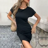 Summer Casual Solid Color Bodycon Dress Irregular Hem Elegant Fit Versatile Style Wholesale Avai
