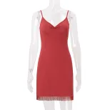 Womens Summer Dress Sexy Solid Color V Neck Backless Bodycon Mini Dress Available in Red Wholesale Low MOQ