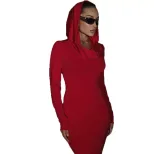 Womens Long Sleeve Hooded Dress Solid Color Elegant Style European Fashion Perfect for Parties W