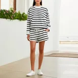Womens Color Block Striped Sweatshirt Set Loose Fit Round Neck Long Sleeve Shoulder Cutout Short