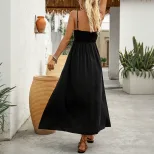 Summer Maxi Dress Sexy Floral Embroidery Spaghetti Straps Black and White Vacation Wear Wholesal