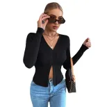 Womens Long Sleeve Cropped T Shirt Slim Fit Split Hem Elegant Style Perfect for Spring Summer Of
