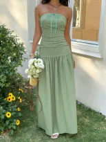 French Style Strapless Maxi Dress Soft Fabric Waist Tie Design Non Slip Strips Summer Vacation W