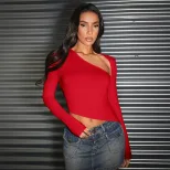 Red Short Sleeve Crop Top Sexy Off Shoulder Design Spring Summer Fashion for Women Wholesale Ava