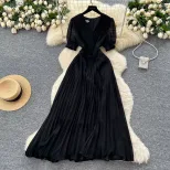 French Elegant V Neck Puff Sleeve Floral Waist Defined Pleated Maxi Dress for Women Summer Slim Fit Wholesale Available