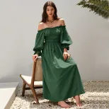 Vintage One Shoulder Lantern Sleeve Maxi Dress Elegant Design Flowy Silhouette Comfortable Fabri