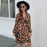 Animal Print V Neck Mini Dress Womens Autumn Fashion Trendy Short Sleeve Wholesale Available OEM
