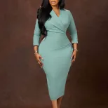 Plus Size Womens Fashion V Neck Solid Color Bodycon Pencil Dress Slim Fit Elegant Style for Part