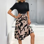 Elegant Summer Dress Color Block Design Half High Neck Comfortable Fabric Perfect for Office Wea