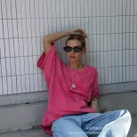 Womens Loose Fit Washed Cotton T Shirt 260g Fabric Colorful Short Sleeve Summer Casual Wear Whol