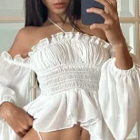 Off Shoulder Ruffled Blouse Slim Fit Lantern Sleeves Wrinkled Fabric Spring Fashion Wholesale Av