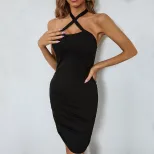Womens Cross Front Bodycon Dress Spring Summer Elegant Black Comfortable Fabric Perfect for Part