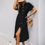 Summer Casual Shirt Dress Pocket Design Minimalist Style Solid Color Perfect for Everyday Wear W