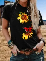 Plus Size Womens Short Sleeve T Shirt Sunflower Butterfly Print Casual Round Neck Top Wholesale
