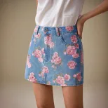 Floral Print Denim Mini Skirt Casual Style Versatile Design Fashionable Rose Pattern Perfect for