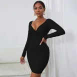 Fashionable Womens Long Sleeve Bodycon Dress Solid Color Deep V Neck Twist Detail Perfect for Pa