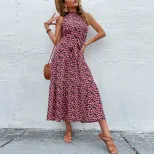 Floral Midi Dress Slim Fit Halter Neck Romantic Style Perfect for Vacation or Casual Outings Who