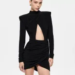 Bodycon Dress Hollow Out Design Shoulder Pads Long Sleeve Solid Color Elegant for Parties and Ev