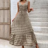 Elegant Geometric Print Sleeveless Dress Summer Casual Wear Waist Defining Design Available for