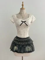 Summer Womens Short Sleeve T Shirt Polka Dot Design Bow Detail Casual Style Ready to Ship Low MO