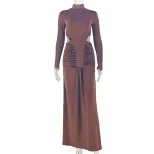 Womens Bodycon Dress Solid Color Ruffled Hem High Neck Long Sleeve Stylish for Office Wear or Ca