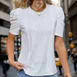 Summer Womens White Textured Top Puff Sleeve Casual Style Perfect for Everyday Wear Wholesale Av