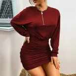 Womens Long Sleeve Knitted Dress Loose Fit Ruched Waist Bodycon Style Spring Summer Fashion Whol