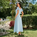 Womens Elegant Solid Color Midi Dress Square Neck Tie Waist A Line Silhouette Summer Casual Wear