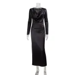 Elegant Solid Color Long Sleeve V Neck Satin Evening Dress Autumn Fashion Perfect for Formal Eve