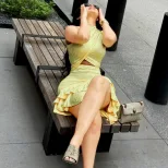 Solid Color A Line Dress for Women Ruffled Waist Hollow Out Design Short Sleeve Casual Style Who