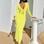 V Neck Long Sleeve Bodycon Dress Ruffle Hem Hollow Out Side Slit Slim Fit Evening Party Wear Who