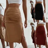 High Waist Split Hem Midi Skirt Drawstring Bodycon Fit Elegant Style Perfect for Work or Casual
