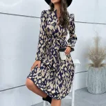 Navy Blue Long Sleeve Ruffled Floral Dress for Women Casual Autumn Wear Low MOQ factory direct