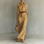 Elegant Womens Autumn Dress Solid Color Irregular Pleats Waist Belt Perfect for Casual or Formal