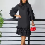 Elegant Layered Ruffle Bell Sleeve Dress Fashionable Loose Fit Tie Detail Perfect for Casual or
