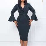 Elegant V Neck Bodycon Dress Bell Sleeves Split Hem Autumn Winter Style Wholesale Womens Fashion