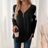 Casual Black T Shirt Embroidered Long Sleeve Drop Shoulder Autumn Wear Wholesale Available