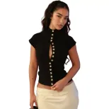 Womens Summer High Neck Button Detail Hollow Out Top Slim Fit Short Sleeve Solid Color Casual We