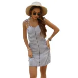 A Line Striped Summer Dress Slim Fit Waist Tie Spaghetti Straps Casual Wear for Women Wholesale