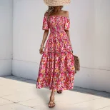 Bohemian Floral Print Dress Off Shoulder Puff Sleeves Elegant Design Perfect for Summer Events W