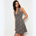 Leopard Print Halter Dress for Women Lace Trim V Neck Slim Fit A Line Summer Casual Wear Wholesale Available