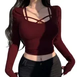 Wine Red Slim Fit T Shirt Sweet and Spicy Style Spring Summer U Neck Top for Women Wholesale Ava