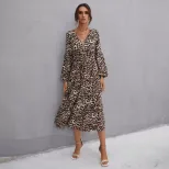 Vintage Leopard Print Long Sleeve Dress Ruffled Hem Mid Length Elegant Style Wholesale Availabil