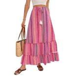 Bohemian Striped Print Skirt Summer Vacation Style Drawstring Tassel Details Lightweight Fabric
