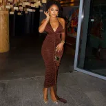 Casual V Neck Long Dress Solid Color Bodycon Fit Ruched Design Unique Style Perfect for Parties