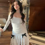 Off Shoulder Ruffled Long Sleeve Dress Sexy Pleated Elegant Autumn Fashion for Women Wholesale A