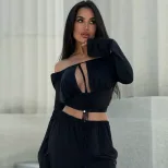Womens Long Sleeve Off Shoulder Crop Top Solid Color Hollow Out Lace Up Design Trendy Autumn Fas